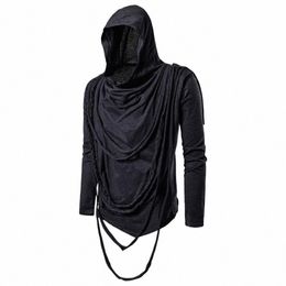 men autumn punk rock hip hop lg sleeve t shirt ripped tassel hooded tees tops man gothic style cloak black white 6 colors 35Zc#