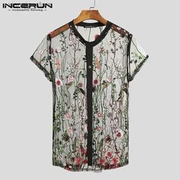 Men's T-Shirts 2023 Fashion Men Mesh Shirts Embroidered Short Sleeve Sexy See Through Tops Button Breathable Party Nightclub Shirts 5XL24328