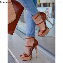 Dress Shoes Ronticool Real Pos Women Summer Sandals Sexy Stiletto Heels Round Toe Brown Party Ladies US Size 5-20