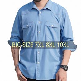 men Shirt Denim Oversize 6XL 7XL 8XL 10XL Plus Size Fi Casual Cowboy Blue Pockets Loose Lg Sleeve Cott High Quality b3Y0#