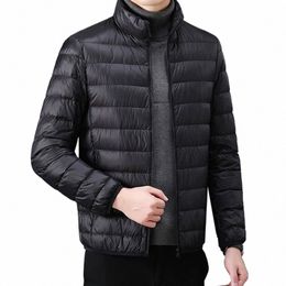 men Standing Collar Warm Ultra Light Packable Down Cott Coat Jacket Solid Color Lg Sleeve Top Short Men's Cott Jacket E21w#