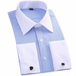 mens Classic French Cuff Striped Dr Shirt with Chest Pocket Standard-fit Lg Sleeve Party Wedding Shirts Cufflink Included e7Q0#