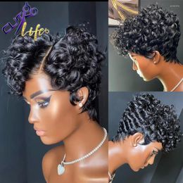 Short Pixie Cut Wig Bob With Bangs Loose Deep Curly 13x6x1 T Part Lace Remy Brazilian Human Hair Wigs For Women