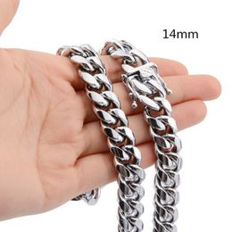 14mm Boys Men's High Quality Silver Color Stainless Steel Curb Cuban Link Miami Chain Necklace Rapper Jewelry 7-40inch290k