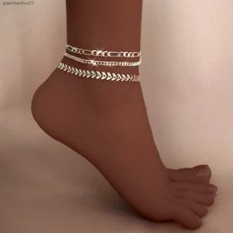 Anklets Fashionable gold and silver multi-layer fishbone chain necklace Bohemian summer sandals simple metal ankle bracelet jewelryL2403