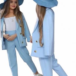 Neue Fi Mädchen Blazer Zweireiher Revers Anzüge Kinder Jacken + Hosen Lose Formale Teenager Casual Outfits 86fk #