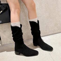 Boots 2024 Cow Suede Retro Women Autumn Winter Slip-On Mid-Calf For Square Toe Heel Basic Shoes