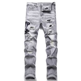 Men's Pants Mens snake embroidered gray denim jeans street clothing holes tear elastic pants ultra-thin straight pants J240328