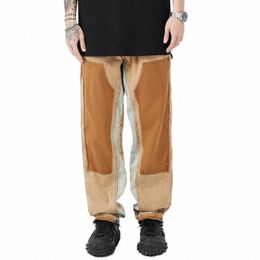 2023 Y2K Streetwear Vintage Brown Baggy Cargo Jeans Pants Men Clothing Patchwork Straight Stacked Denim Trousers Pantal Homme 072H#