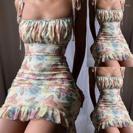 Casual Dresses BKLD S-2XL Square Neck Sexy Pleated Ruffles Mini Dress 2024 Summer Beach Women Fashion Colorful Butterfly Print Chiffon