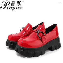 Casual Shoes Spring Slip Ons Shallow Women Metal Chain Buckle Platform Chunky Heels Loafers 34-43 Sapato Feminino