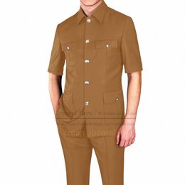 fi Men Suit Set Chinese Tunic Suit Summer Wedding Busin Slim Fit Blazer Pants 2 Pieces Formal Men Short Sleeve Jackets T1nN#