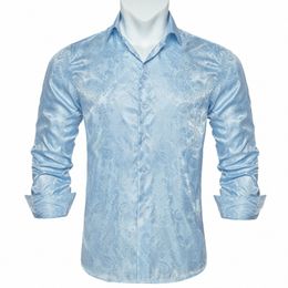 luxury Blue Paisley Silk Shirts For Men Lg Sleeve Dr Shirt Slim Fit Male Social Dr Shirts Designers Men Clothing r1W5#