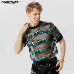 Men's T-Shirts Men T Shirt Mesh Patchwork Sequins Sparkling Transparent O-neck Short Sleeve Camisetas 2023 Streetwear Fashion Crop Tops24328