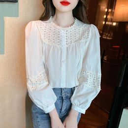 Women's Blouses 2024 Long Sleeve Elegant Lace Blouse Autumn Korean Fashion Hollow Out Crochet Shirt Ladies O Neck Loose Panel Women Top