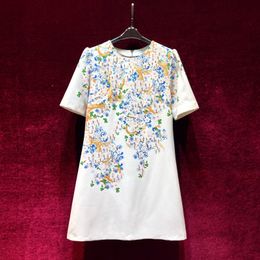2024 Spring White Floral Paisley Print Dress Short Sleeve Round Neck Rhinestone Knee-Length Casual Dresses X4M2612306