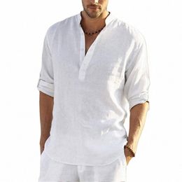 casual Blouse Loose Men's Shirt Cott Linen Fi Stand Collar Pure Lg Sleeve Tee Shirt Handsome Fitting Top Men's Wear 01F4#
