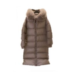 New Arrival Fall Winter Luxury Fox Fur Collar Hooded Zipper Extra Long Thick Down Jacket Lady Womens Coat