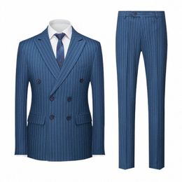 casual Tuxedos For Wedding Mens Busin Suit Mens 2 pieces Blazer+Pant Slim Groom Trendy British Double-breasted streak Suits w24P#