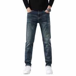 winter Men's Fleece Slim Straight Jeans Retro Wed Elastic Cott Black Blue Denim Pants Fi Korean Brand Clothing Z54i#
