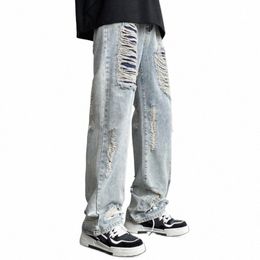 cat Claw Perforated Denim Jeans for Men's Fi Brand Hole Wed Straight Loose Street Versatile Hip Hop Pop Street Pants f5q0#