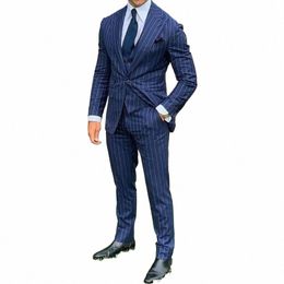 navy Men Suit Tailor-Made 3 Pieces Blazer Vest Pants Tuxedo One Butt Pinstripe Modern Slim Fit Wedding Groom Prom Tailored h38W#