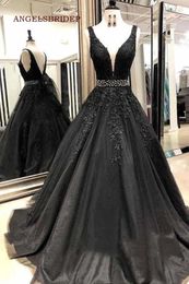 Party Dresses ANGELSBRIDEP V-Neck Black Prom Vestidos De Festa Empire Waist Sexy Strap Lace Applique Saudi Arabic Evening Gowns