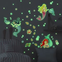 Stickers Mermaid Princess Luminous Wall Stickers For Girls Room Decorations Underwater World Decals Home Decor Glow In The Dark Stickers