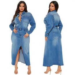 Casual Dresses Blue Jeans Maxi Dress Sexy Women Turn Down Collar Elegant Denim Split Vestidos