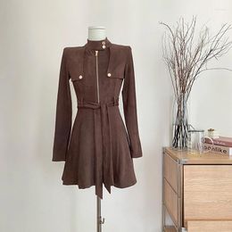 Casual Dresses Vintage Girl Maillard Style Suede Chic Design Dress Women's Autumn/Winter Slim Fit Wrap Hip Short Female Clothes