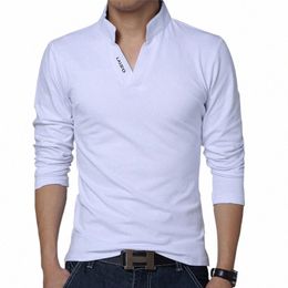 2023 T-Shirt Men Spring Cott T Shirt Men Solid Colour Tshirt Mandarin Collar Lg Sleeve Top Men Brand Slim Fit Tee Shirts 5XL 980O#