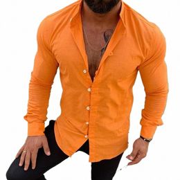 2023 Men's Soild Lg Sleeve Butt Mock Collar Cott Linen Shirt Butt Busin Work Shirts And Blouses For Men A8Ju#