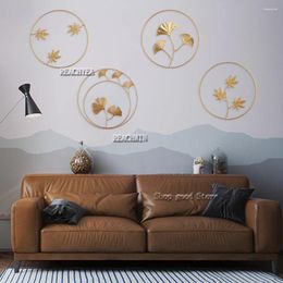 Decorative Plates Luxury Wrought Iron Wall Hanging Ornament Gold Round Ginkgo Leaf Metal Style Background Decoration Living Room Decor