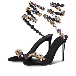 Dress Shoes Ladies Summer High Heels Jewel Serpentine Design Sandals Colourful Stone Sandale Rhinestones Open Toe Stiletto Sandalias