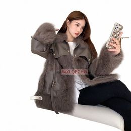 winter Women's Leather Jacket With Real Fox Fur Collar Trim Natural Rabbit Skin With Rabbit Fur Coats Short Style Female O7dm#