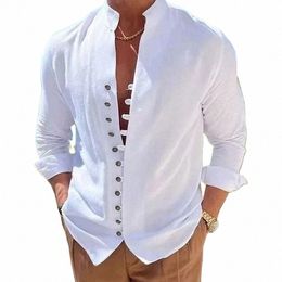 2023 Spring and Autumn 100%Cott Linen Hot Sale Men's Lg-Sleeved Shirts Solid Color Stand-Up Collar Casual Style Plus Size V9EP#