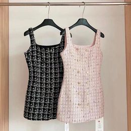 Casual Dresses Small Fragrance Sleeveless Bodycon Dress 2024 Spring Women Gold Buttons Slim Waist Sexy Vintage Tweed Female Vest