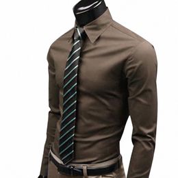 slim Solid Colour Men Lg Sleeve Butts Shirt Fi Top Down Formal Busin 49T9#