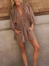 Casual Dresses Women Long Sleeve Deep V Neck Tunic Dress Loose Flowy Mini Swing Shift Smocked With Pockets