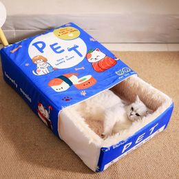 Japanese Style Fully Enclosed Biscuit Box Pet Cat Bed Rectangular Pull Out Snack Kitten Resembling Secure Cat House Cushion Cave 240327