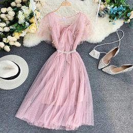 Casual Dresses Women V-neck Butterfly Sleeve Bandage Strap Pearl Bead Belt Mesh Gauze Flower Pleated Dress Elastic Slim Tulle Party Midi