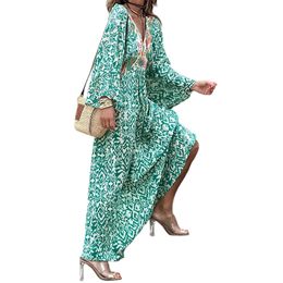 Sophisticated Charm Women's Green V-neck Long Sleeve Dress with Floral Print made with Four-way Stretch Polyester Fabric for a Stylish Look AST183685