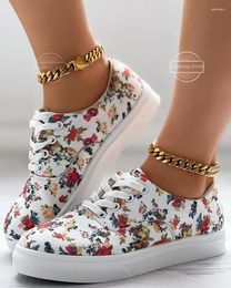 Casual Shoes Sneakers Women's Floral Print Lace-up Round Toe Flat Single Shoe Lace Up
