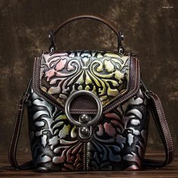 Bag Retro Handmade Cowhide Embossing Luxury Handbags Women Bags 2024 Multipurpose Genuine Leather Shoulder Floral Mochila