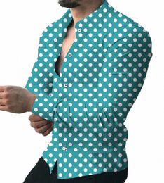 men's Hawaiian shirt butt up lg sleeved polka dot lapel outdoor street clothing fi casual breathable and comfortable w26C#