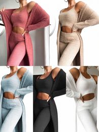 women Knitted Plush Comfy Outfit Set Lounge Wear Plush Crop Top And Cardigan And Lg Trousers Pants Pajamas 3 Piece Set n4U4#