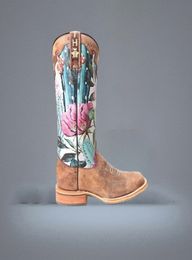 Women knee high boots low heels autumn plus size shoes vintage PU leather embroidery booties woman mujer zapatos D18906602484