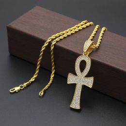 Egyptian Cross Pendant Full CZ Crystal Bling Out Gold Silver Plated Necklace Jewelry with 3mm 24inch Cuba Chain lbd2535