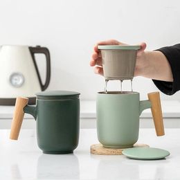 Cups Saucers Tea Water Separation Cup With Wooden Handle Ceramic Frosted Household Office Mug Cover Strain Person