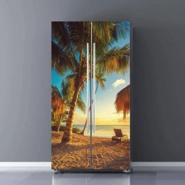 Stickers Ocean Beach Palm Trees Refrigerator Wrap Seaside Coconut Tree Fridge Door Mural Removable Poster Stickers Home Kitchen Decor